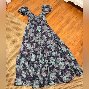 Free People Floral Maxi Dress in Navy, Teal, Purple. Pouf Sleeve.